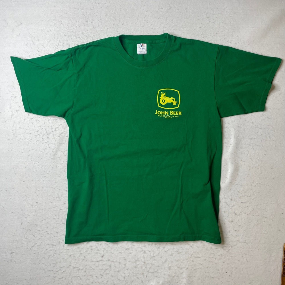John Beer Deere Puerto Vallarta Mexico Graphic T-Shirt Mens Large Green Parody - Picture 2 of 5